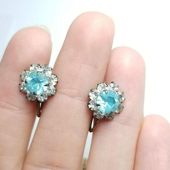 Vintage Sterling Silver Blue Rhinestone Cluster Clip On Earrings, Gold Wash - Picture 2 of 8
